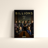Billions TV show wall art poster featuring main cast characters with Wealth is War tagline